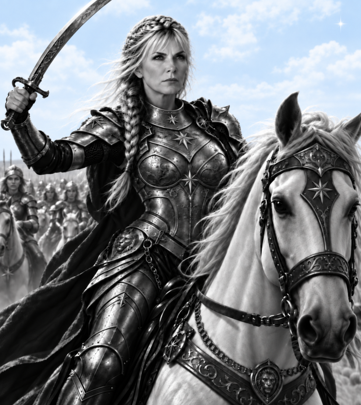 General Charis mounted on the warhorse Milliel at the Battle of Five Bridges